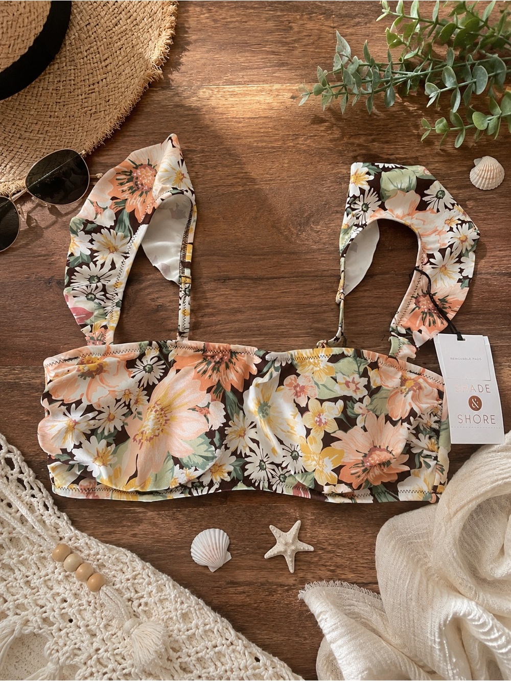 NWT Shade & Shore Cinnamon Floral Ruffle Bikini Top 34B